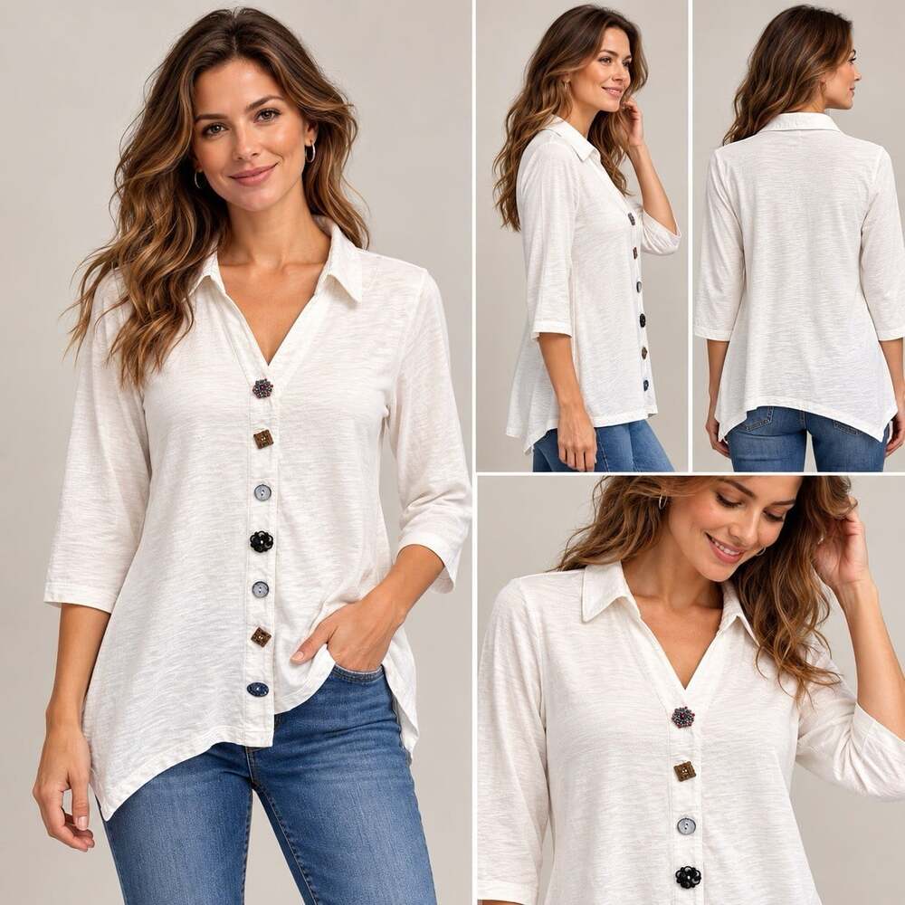 Soft Surroundings Tunic Top Small Ivory 100% Slub Cotton Mixed Buttons V Neck